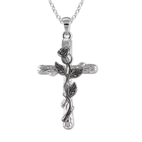 unbranded Jewelry - NEW FLORAL BLACK ROSE CROSS CHARM SILVER CHAIN FASHION COSTUME JEWELRY NECKLACE